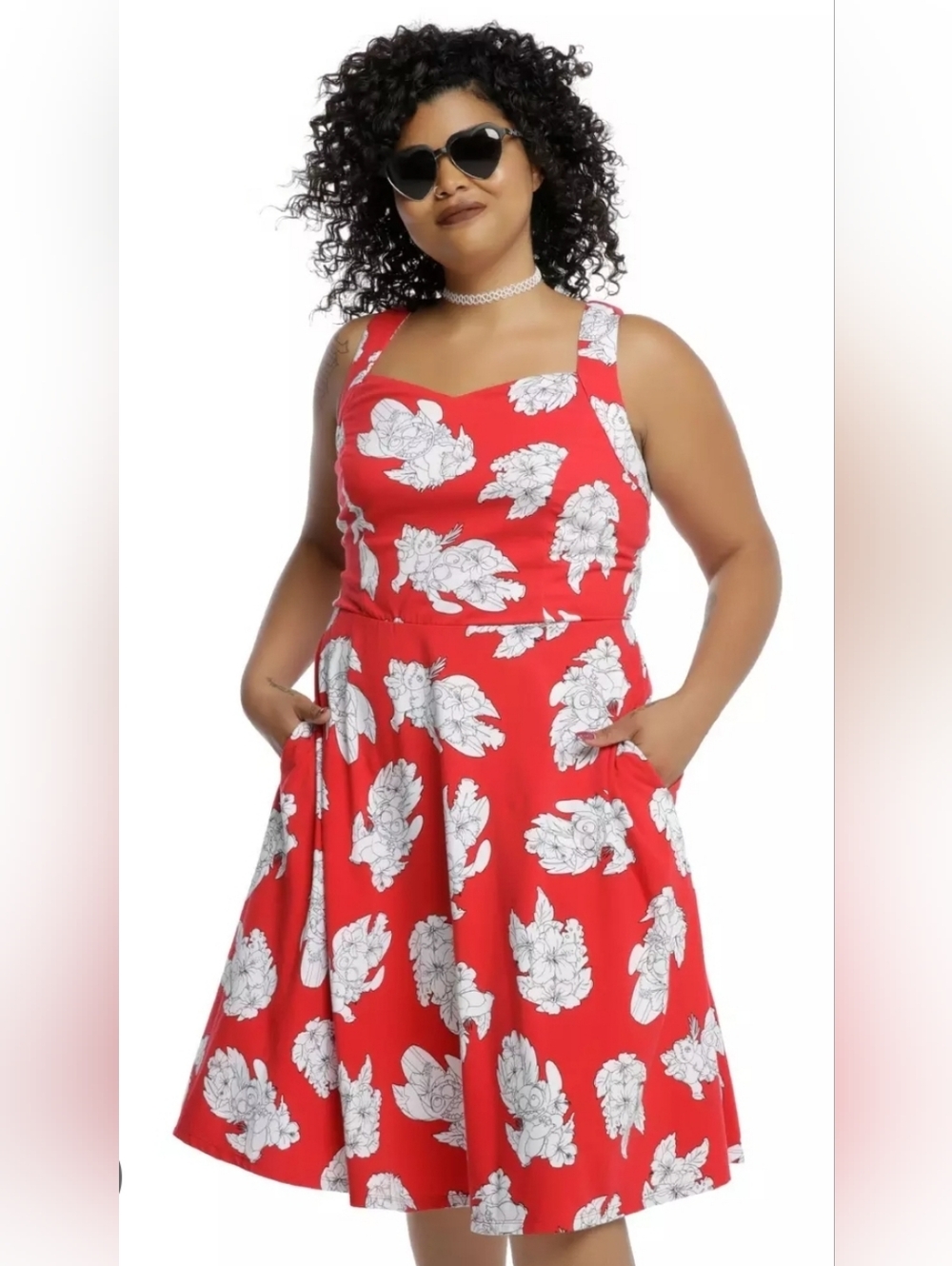 Disney Lilo And Stitch Red Floral Fit-and-Flare Dress with Pockets